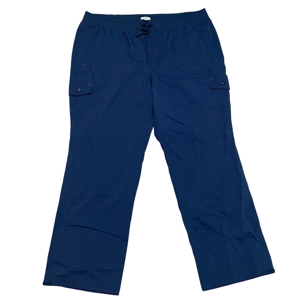 LLBean Women 2X lightweight Navy Blue Cargo Pant Drawstring Waist Zipper Pockets